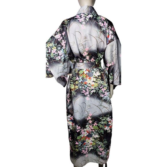 Vintage Silky Satin Black Garden Floral Belted Boho Kaftan Kimono Robe OSFM - Picture 10 of 10